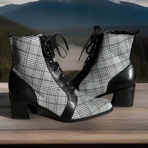 Naturalizer Vtg Style Ankle Boots Black &‎ White Plaid Fabric / Leather Sz 7.5